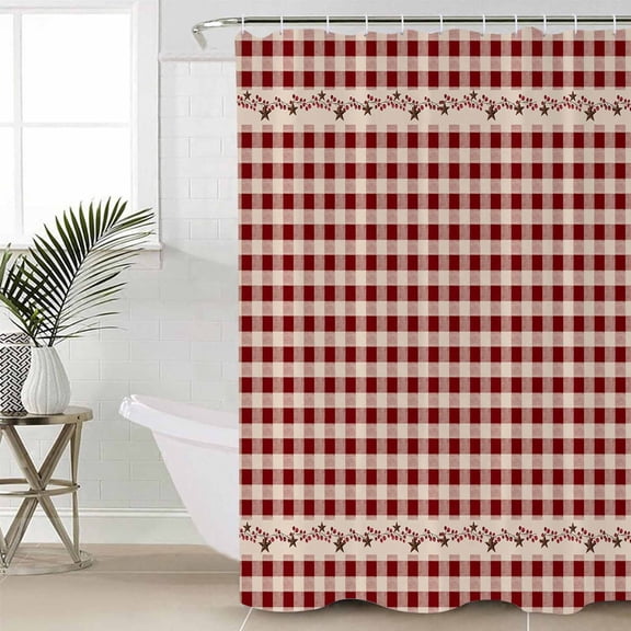 Country Star Plaid Shower Curtain Set, Waterproof Shower Curtains for Bathroom, Retro Red American Farm Barn Berry Washable Fabric Cloth Bath Curtain for Bathtub Decoration with Hooks 72x78 Inches