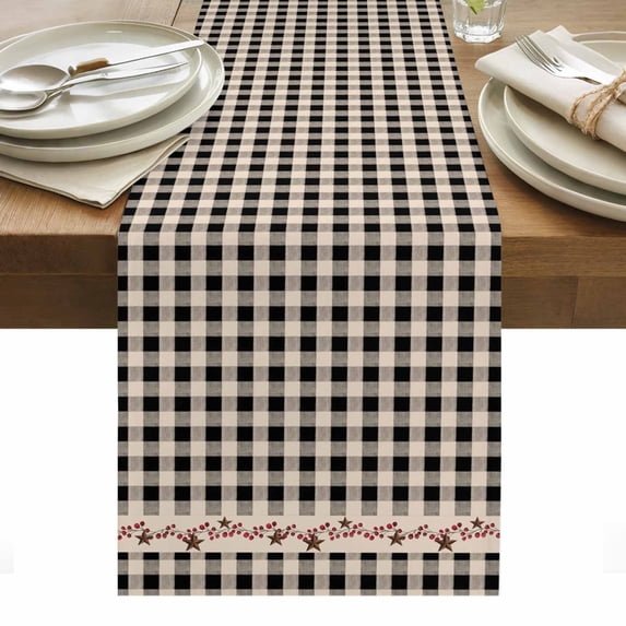 Country Star Plaid Table Runner - 108 Inch Long, Kitchen Dining Table Runner Dresser Scarves, Black Retro American Farm Barn Berry Farmhouse Decor for Coffee Tables Wedding Party Banquet