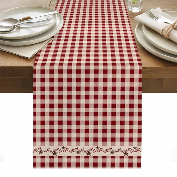 Country Star Plaid Table Runner - 36 Inch Long, Kitchen Dining Table Runner Dresser Scarves, Retro Red American Farm Barn Berry Farmhouse Decor for Coffee Tables Wedding Party Banquet