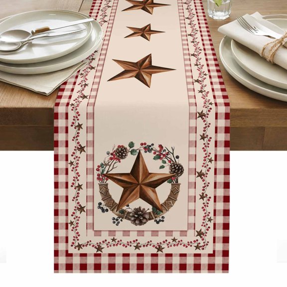 Country Star Plaid Table Runner - 60 Inch Long, Kitchen Dining Table Runner Dresser Scarves, Retro Western Farmhouse Barn Berry Farmhouse Decor for Coffee Tables Wedding Party Banquet