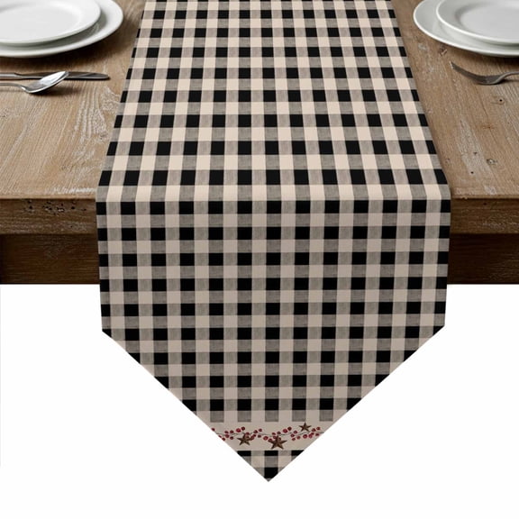 Country Star Plaid Table Runner Linen Burlap Table Runner 72 Inches Long Black Retro American Farm Barn Berry Dresser Scarves for Kitchen Island Coffee Dining Room Party Wedding Holiday Decor 14"x72"