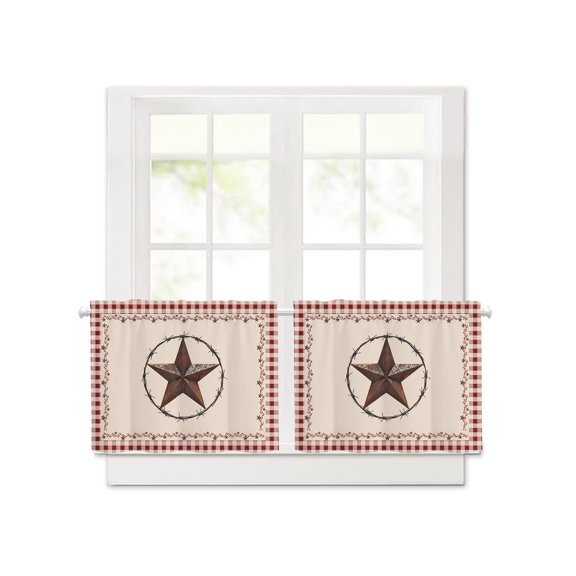 Country Star Red Plaid Short Blackout Curtains 24 Inch Long,Western Texas Farm Style Rod Pocket Kitchen Curtains,2 Panels Thermal Insulated Room Darkening Drapes for Bedroom,30"W x 24"L