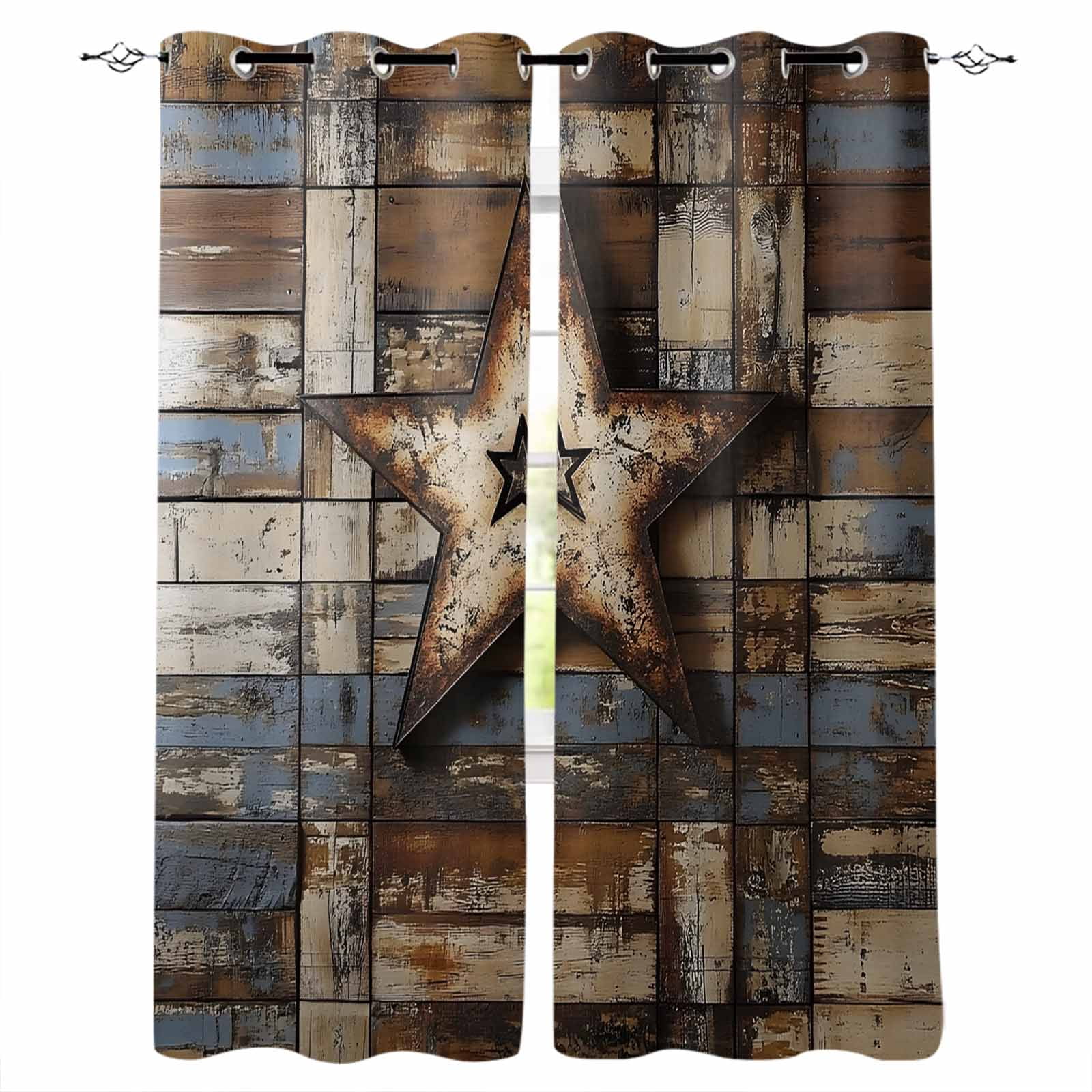 Country Star Retro Kitchen Curtains Farmhouse Brown Blue Wooden Grain ...