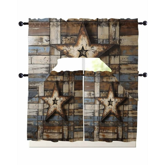 Country Star Retro Kitchen Curtains Sets 24 Inch Length with Valance, Farmhouse Brown Blue Wooden Grain Swag Valances and Tiers Curtain Set Drapes Swag Curtains for Living Room, Bathroom, Bedroom