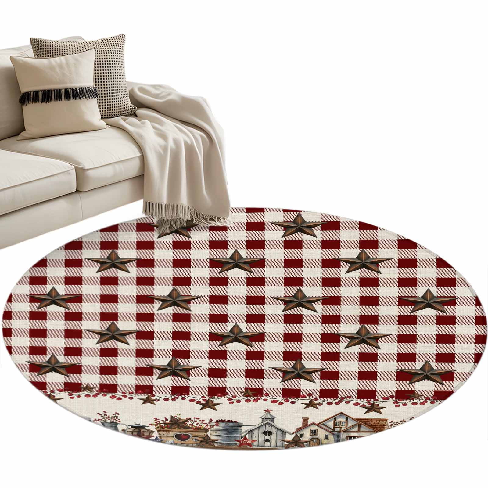Country Star Round Area Rug 3.3ft Barn Bucket Farmhouse Red Buffalo ...