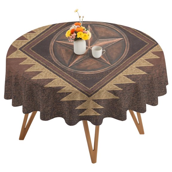 Country Star Round Tablecloth 54 inches Boho Brown Aztec Distressed Geometric Argyle Waterproof Oil-Proof Table Cloth Round Table Cover for Holiday Party Picnic Dinner Decor Indoor and Outdoor Use
