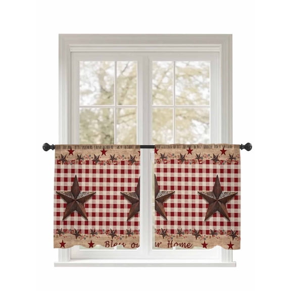Country Star Sheer Curtains 2 Panels Set Farmhouse Texas Star Vintage Red Plaid Lihgt Filtering Rod Pocket Voile Drape, Semi Sheer Window Curtains for Bedroom Living Room, 52"x45"