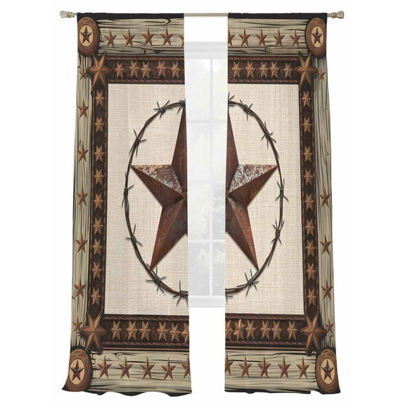 Country Star Sheer Curtains 84 Inch Long 2 Panels, Farmhouse Texas Star Vintage Wood Grain Light Filtering Rod Pocket Semi Sheer Curtains, Sheer Voile Drapes for Living Room Bedroom, 52"x84"