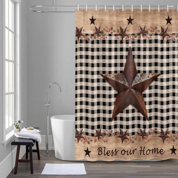 Country Star Shower Curtain for Bathroom Decor, Farmhouse Texas Star Waterproof Fabric Shower Curtain, 36"x78" Set with 12 Hooks