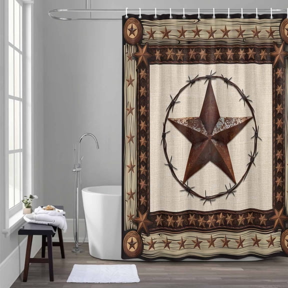 Country Star Shower Curtain for Bathroom Decor, Farmhouse Texas Star Waterproof Fabric Shower Curtain, 54"x78" Set with 12 Hooks