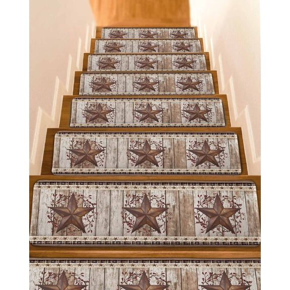 Country Star Stair Treads Rust Yellow Stars Berry Brown Beige Plaid Wood Grain Indoor Non Slip Peel and Stick Stair Treads for Wooden Steps 4 PCS, Soft Adhesive Staircase Mats Runner Rugs 8"x30"