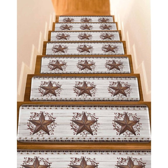 Country Star Stair Treads Rust Yellow Stars Berry Brown Plaid Beige Wood Grain Indoor Non Slip Peel and Stick Stair Treads for Wooden Steps 7 PCS, Soft Adhesive Staircase Mats Runner Rugs 8"x30"