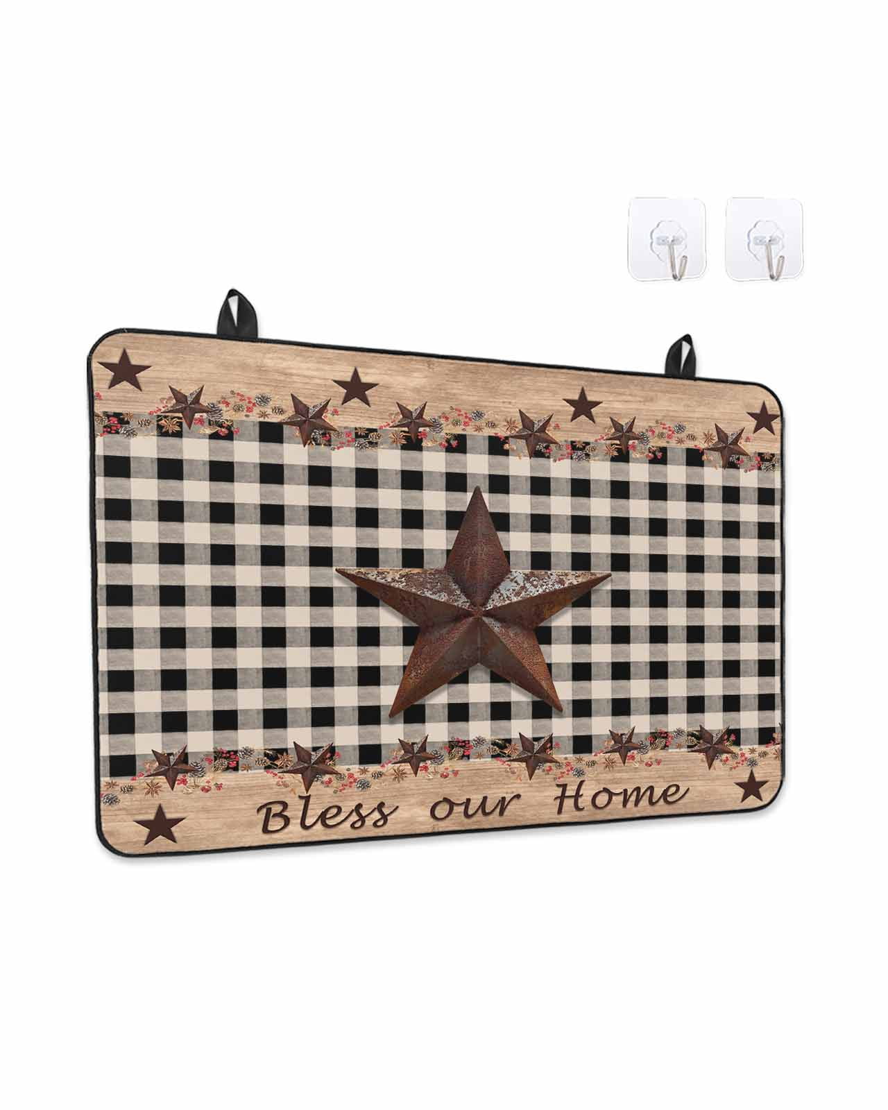 Country Star Stove Top Covers for Electric Stove, 28'x20'' Farmhouse Texas Star Vintage Black Plaid Glass Ceramic Stove Cover Foldable Rubber Mat Heat Resistant Cooktop Protector for Kitchen