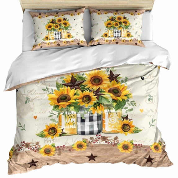 Country Star Sunflower Bedding 3 Piece Duvet Cover Set Queen Size, Vintage Farmhouse Brown Wooden Soft Microfiber Comforter Cover with Zipper Closure & Pillowcases, FadeResistant Quilt Cover
