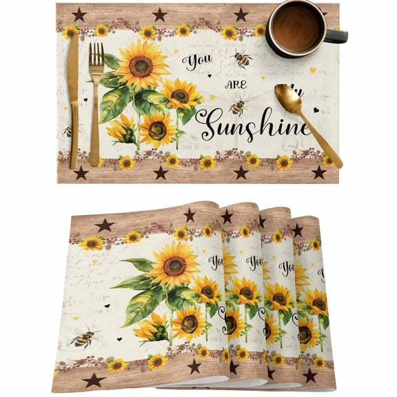 Country Star Sunflower Bee Placemats Set of 4,Wipeable Washable Table Mats for Dining Tables,Vintage Brown Wood Grain Place Mats for Kitchen Event Party Tabletop Decor