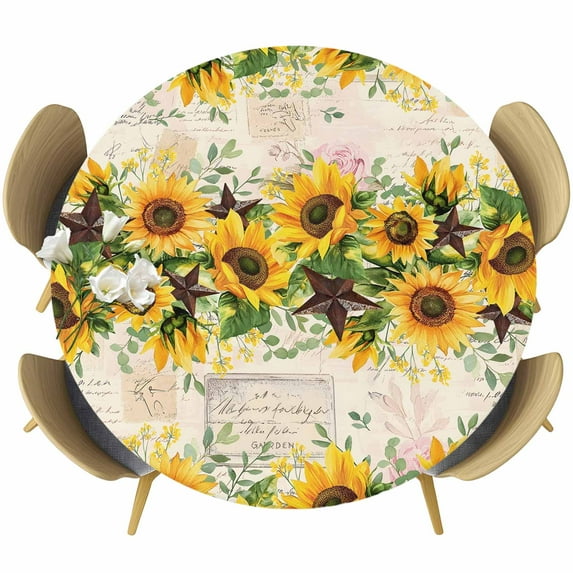 Country Star Sunflower Round Tablecloth 36-44 Inch Round Fitted Table Cloth with Elastic Edge, Vintage Rose Floral Farmhouse Waterproof Table Cover Protector for Outdoor Picnic Party Dining