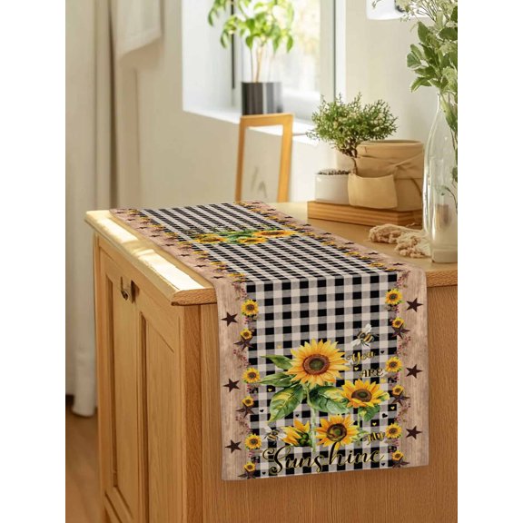 Country Star Sunflower Watercolor Table Runner 13x90in Non-Slip Cotton Linen Table Runners, Farm Retro Black Checker Dresser Scarves TableRunner for Dinner Kitchen Dining Wedding Party
