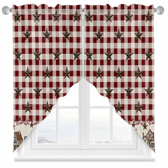 Country Star Swag Curtain Valance for Windows, Barn Bucket Farmhouse Red Buffalo Plaid Window Treatments Short Swag Topper for Kitchen Windows Bathroom Bedroom, 28"x36"