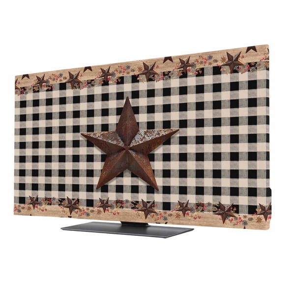 Country Star TV Dust Cover 24 Inch, Farmhouse Texas Star Vintage Black Plaid Computer Monitor Cover Dustproof Stretchable Indoor TV Screen Protector for LED LCD Universal Monitors