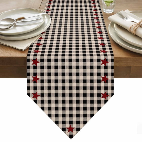 Country Star Table Runner 36 Inches Long Berry Black Buffalo Plaid Table Runners for Dining Room Tabletop Dresser Scarf Home Party Banquet Wedding Holiday Decoration