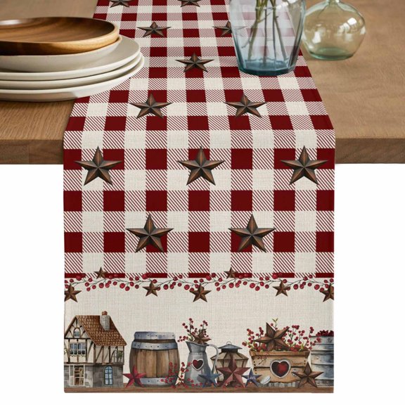 Country Star Table Runner, Barn Bucket Farmhouse Red Buffalo Plaid Cotton Linen Kitchen Table Decoration Washable Dining Tabletop Runners for Home Party Decor 13x36 Inches