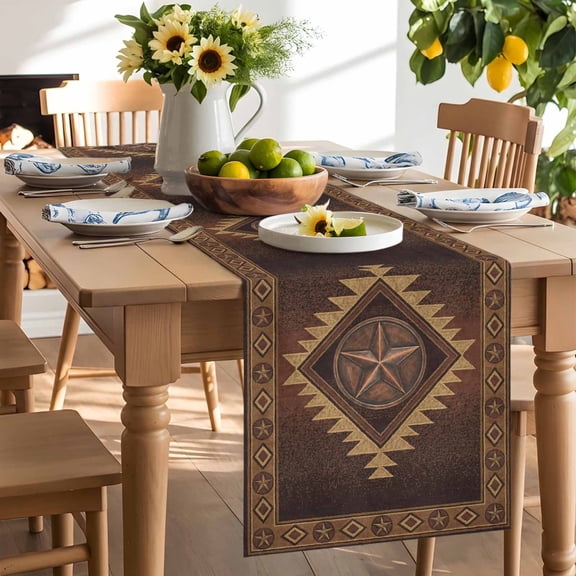 Country Star Table Runner, Boho Brown Aztec Distressed Geometric Argyle Washable Kitchen Table Runners Dress Scarves for Dining Table Decorations Party/Restaurant/Indoor Outdoor Use, 13x36in