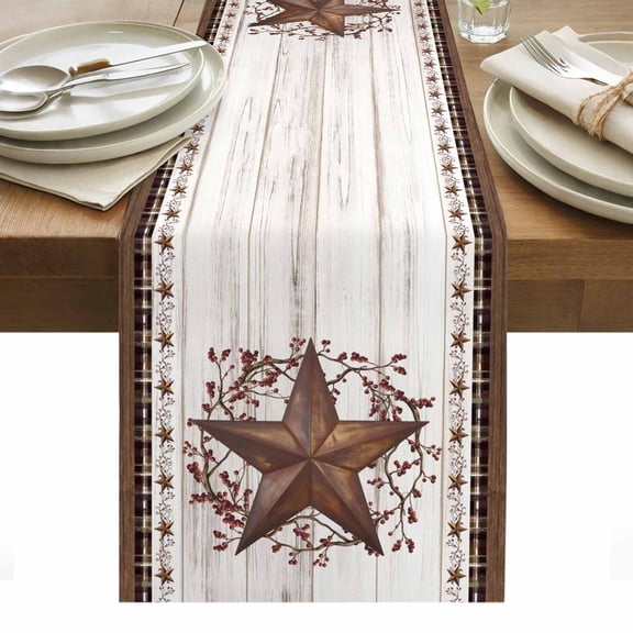 Country Star Table Runner, Rust Yellow Stars Berry Brown Plaid Beige Wood Grain Cotton Linen Table Cloth, Tablerunner for Kitchen Dining Party Wedding Home Decor 13x70 Inch