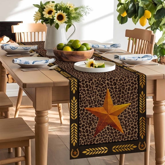 Country Star Table Runner, Vintage Brown Leopard Gold Star Wheat Ear Border Washable Kitchen Table Runners Dress Scarves for Dining Table Decorations Party/Restaurant/Indoor Outdoor Use, 13x36in