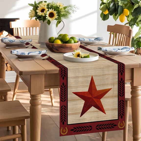 Country Star Table Runner, Vintage Brown Leopard Red Star Wheat Ear Border Washable Kitchen Table Runners Dress Scarves for Dining Table Decorations Party/Restaurant/Indoor Outdoor Use, 13x36in