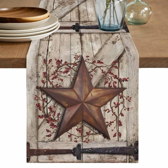 Country Star Table Runner, VintageRust Yellow Star Berry Beige Barn Gate Cotton Linen Kitchen Table Decoration Washable Dining Tabletop Runners for Home Party Decor 13x60 Inches