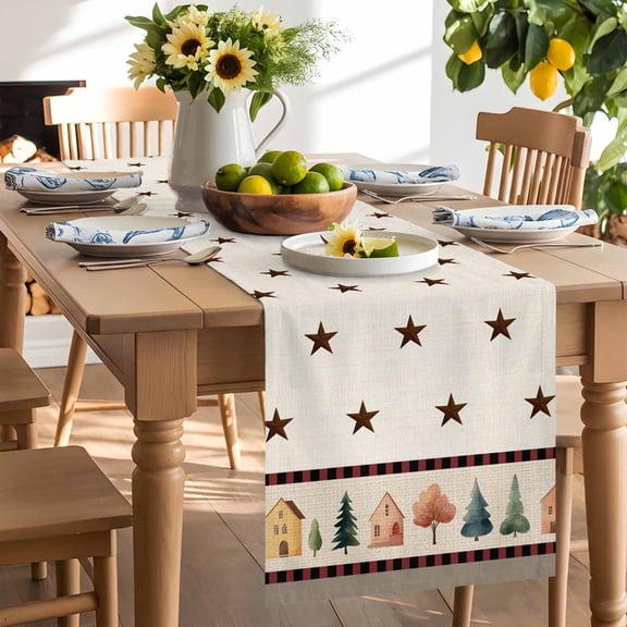 Country Star Table Runner, Watercolor House Tree America Countryside Washable Kitchen Table Runners Dress Scarves for Dining Table Decorations Party/Restaurant/Indoor Outdoor Use, 13x36in