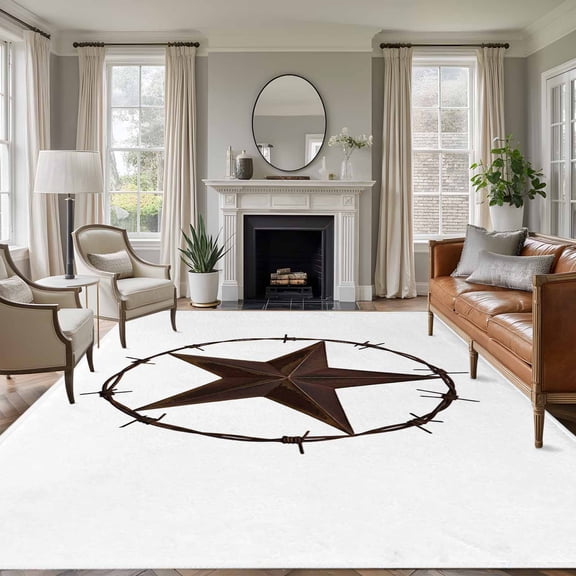 Country Star Texture 5x7 Area Rugs for Living Room, Western Farm Traditional Texas Style Non Slip Floor Mat Washable Low-Profile Indoor Carpet for Bedroom, Dining Room, Bathroom