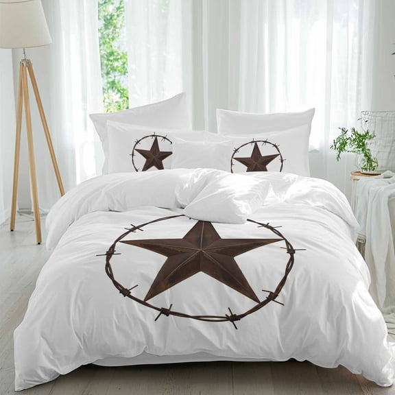 Country Star Texture Comforter Set Queen Size, Western Farm Traditional Texas Style Soft Bedding Set for Man Woman, 4 Pieces Duvet Cover Set with Fitted Sheet, 2 Pillowcases