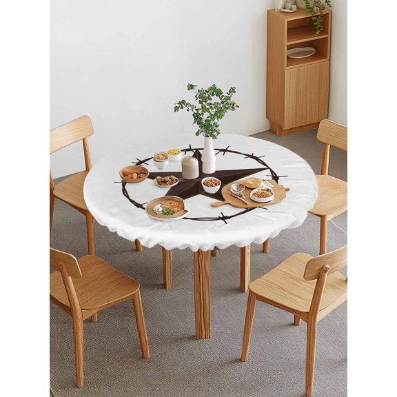 Country Star Texture Round Fitted Tablecloth with Elastic Edge, Western Farm Traditional Texas Style Waterproof Stretch Table Covers for 36"-44" Tables Wipeable Table Cloth for Outdoor