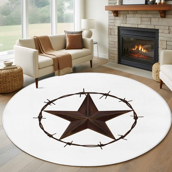 Country Star Texture Round Living Room Rugs 7 ft, Western Farm Traditional Texas Style Washable Area Rug with Non-Slip Sturdy Edge Binding Round Carpet for Kitchen Office Bedroom