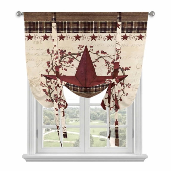 Country Star Tie Up Curtain for Window, Red Stars Berry Linen Texture ...