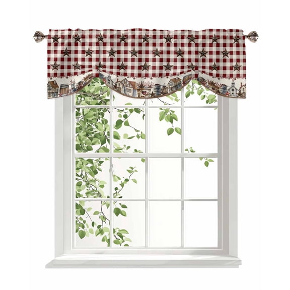 Country Star Tie Up Valances Curtain, Adjustable Kitchen Barn Bucket Farmhouse Red Buffalo Plaid Valances for Windows Decor, Rod Pocket Short Curtains Set for Bedroom/Bathroom, 54"x18"