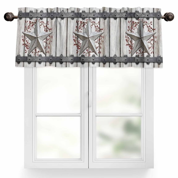 Country Star Valances for Windows Vintage White Star Red Berry Rivet Beige Wood Board Valance Curtains Rod Pocket Bathroom Small Window Treatments for Kitchen Living Room Bedroom, 42"x12"