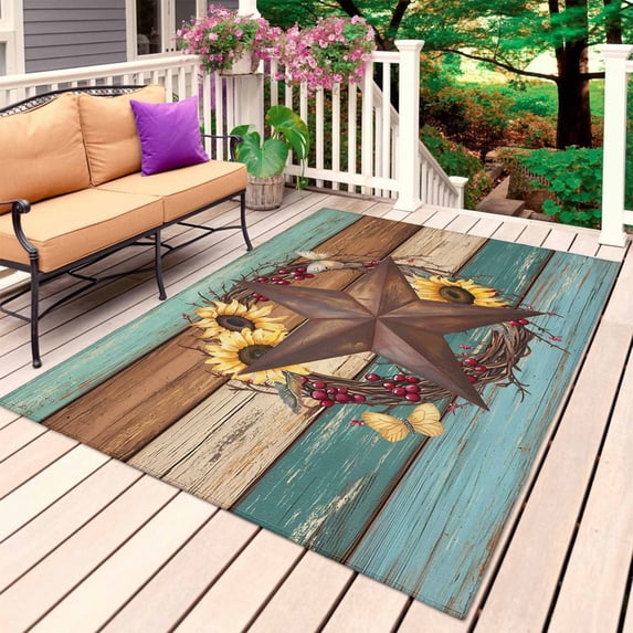 Country Star Vintage Outdoor Rug 4x6 Ft, Non Slip Washable Area Rug, Sunflower Farmhouse Teal Brown Western Berry Patio Rugs Carpet Runner, Large Floor Mat for Indoor/Outdoor Deck Porch Camping