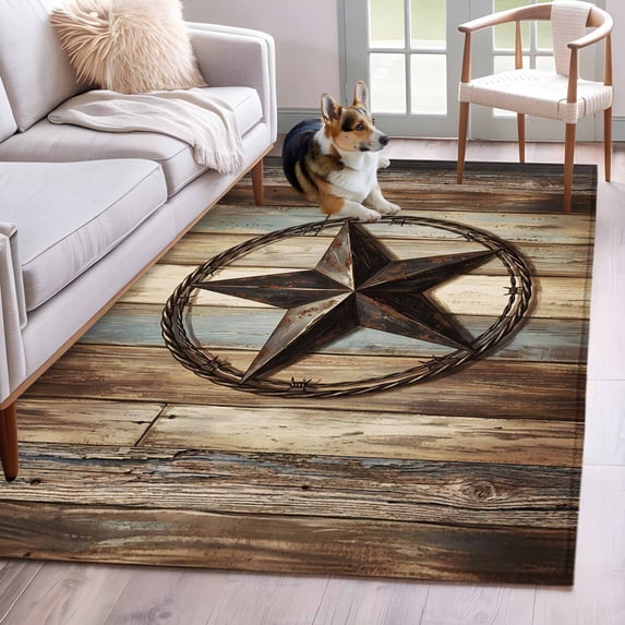 Country Star Washable Area Rug 3 x 5 ft Farmhouse Star Brown Beige Wood Grain, Soft Non Slip Rugs Stain Repellent Indoor Felt Carpet for Living Dining Room Bedroom Home Office