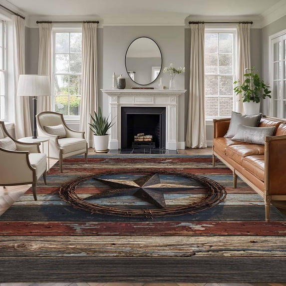 Country Star Washable Area Rug 6 x 9 ft Vintage Farmhouse Star Red Blue Wood Grain, Soft Non Slip Rugs Stain Repellent Indoor Felt Carpet for Living Dining Room Bedroom Home Office