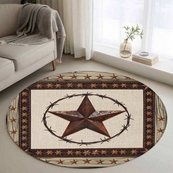 Country Star Washable Round Area Rug 3 ft, Farmhouse Texas Star, Soft Non Slip Rugs Stain Repellent Indoor Felt Carpet for Living Dining Room Bedroom Home Office