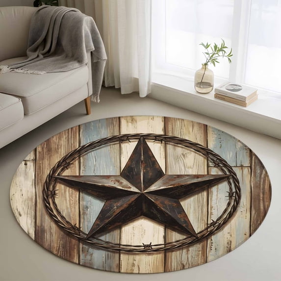 Country Star Washable Round Area Rug 4 ft, Farmhouse Star Brown Beige Wood Grain, Soft Non Slip Rugs Stain Repellent Indoor Felt Carpet for Living Dining Room Bedroom Home Office