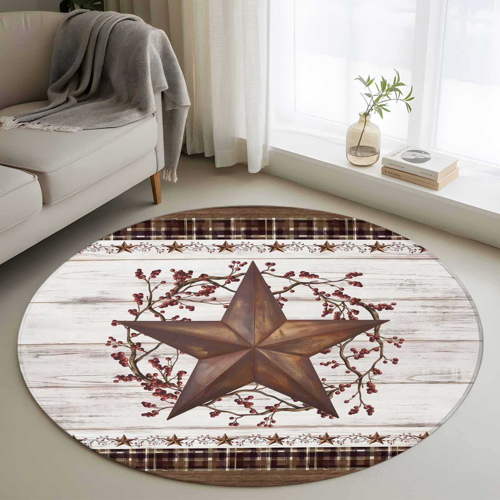 Country Star Washable Round Area Rug 4 ft, Rust Yellow Stars Berry ...