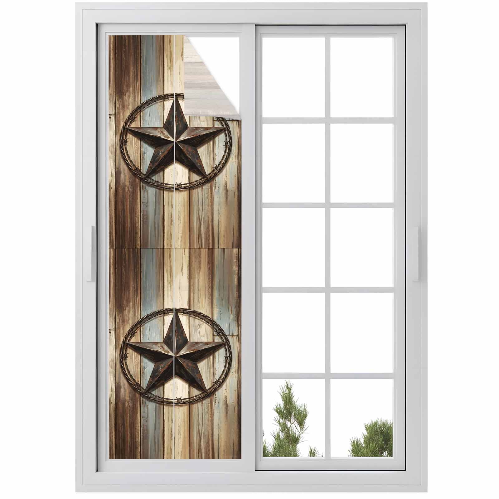 Country Star Window Privacy Film, Farmhouse Star Brown Beige Wood Grain Frosted Glass Window Clings Static Cling UV Heat Blocking Reusable Door Sticker for Bathroom 29.5 x 118 Inch