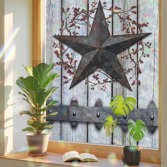 Country Star Window Privacy Film, Vintage Rust Grey Star Berry Rivet Beige Wood Board Stained Glass Rainbow Film Decorative Window Clings, Static Cling Sun Blocking Stickers 35.4" x 78.7"