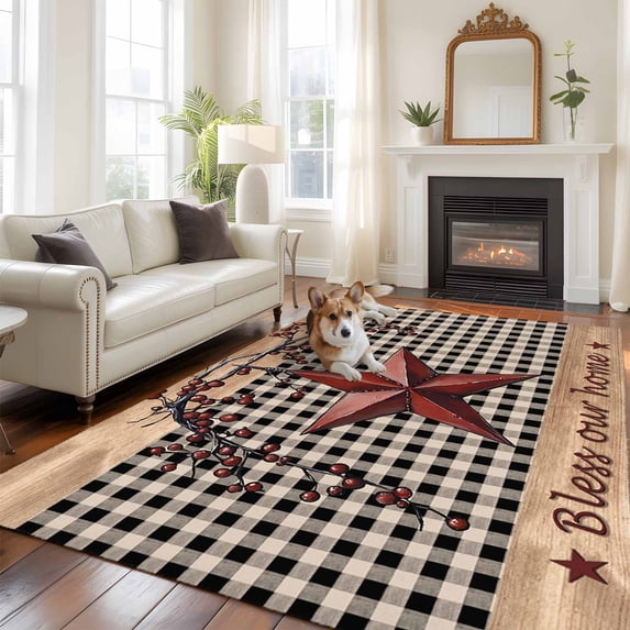 Country Stars Area Rugs 5x7 ft Vintage Dark Red Star Black Plaid Brown Wood Grain Washable Rug Non Slip Indoor Carpet Absorbent Floor Mat for Living Room Bedroom Dining Room