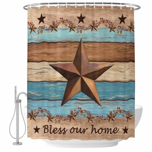 Country Stars Bathroom Shower Curtains with Hooks, Blue Wood Grain Bless Our Home Farmhouses Waterproof Fabric Washable Shower Curtain for Home Hotel Bathtub Decor 60x72 Inch
