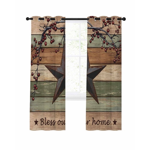 Country Stars Blackout Curtains 45 Inch Length Vintage Rust Black Star Berry Brown Green Wood Grain Thermal Insulated Window Curtain Window Drapes 2 Panels for Bedroom Living Room 52"Wx45"L