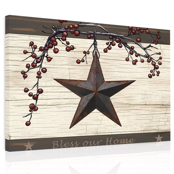 Country Stars Canvas Print Wall Art, Vintage Rust Black Star Beige Wood Stripes Wall Decor Modern Artwork Paintings Pictures for Living Room Framed and Stretched Ready to Hang, 24" x 32"